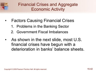 Financial Crises and Aggregate Economic Activity Factors Causing Financial Crises Problems in the Banking Sector Government Fiscal Imbalances As shown in the next slide, most U.S. financial crises have begun with a deterioration in banks’ balance sheets. 
