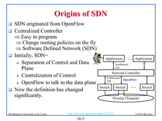 Origins of SDN







SDN originated from OpenFlow
Centralized Controller
 Easy to program
 Change routing policies on the fly
 Software Defined Network (SDN)
Initially, SDN=
 Separation of Control and Data
Plane
 Centralization of Control
 OpenFlow to talk to the data plane
Now the definition has changed
significantly.

Washington University in St. Louis

Application

Northbound
API

Network Controller
Southbound
API

Switch

OpenFlow

Switch

…

Switch

Overlay (Tunnels)

http://www.cse.wustl.edu/~jain/cse570-13/

16-3

…

Application

©2013 Raj Jain

 