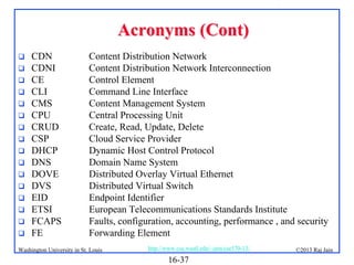 Acronyms (Cont)

















CDN
CDNI
CE
CLI
CMS
CPU
CRUD
CSP
DHCP
DNS
DOVE
DVS
EID
ETSI
FCAPS
FE

Content Distribution Network
Content Distribution Network Interconnection
Control Element
Command Line Interface
Content Management System
Central Processing Unit
Create, Read, Update, Delete
Cloud Service Provider
Dynamic Host Control Protocol
Domain Name System
Distributed Overlay Virtual Ethernet
Distributed Virtual Switch
Endpoint Identifier
European Telecommunications Standards Institute
Faults, configuration, accounting, performance , and security
Forwarding Element

Washington University in St. Louis

http://www.cse.wustl.edu/~jain/cse570-13/

16-37

©2013 Raj Jain

 