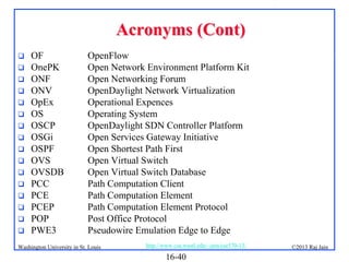 Acronyms (Cont)

















OF
OnePK
ONF
ONV
OpEx
OS
OSCP
OSGi
OSPF
OVS
OVSDB
PCC
PCE
PCEP
POP
PWE3

OpenFlow
Open Network Environment Platform Kit
Open Networking Forum
OpenDaylight Network Virtualization
Operational Expences
Operating System
OpenDaylight SDN Controller Platform
Open Services Gateway Initiative
Open Shortest Path First
Open Virtual Switch
Open Virtual Switch Database
Path Computation Client
Path Computation Element
Path Computation Element Protocol
Post Office Protocol
Pseudowire Emulation Edge to Edge

Washington University in St. Louis

http://www.cse.wustl.edu/~jain/cse570-13/

16-40

©2013 Raj Jain

 