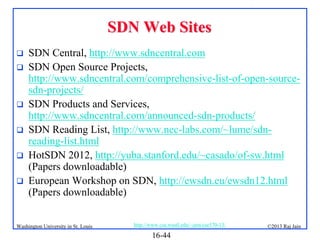 SDN Web Sites








SDN Central, http://www.sdncentral.com
SDN Open Source Projects,
http://www.sdncentral.com/comprehensive-list-of-open-sourcesdn-projects/
SDN Products and Services,
http://www.sdncentral.com/announced-sdn-products/
SDN Reading List, http://www.nec-labs.com/~lume/sdnreading-list.html
HotSDN 2012, http://yuba.stanford.edu/~casado/of-sw.html
(Papers downloadable)
European Workshop on SDN, http://ewsdn.eu/ewsdn12.html
(Papers downloadable)

Washington University in St. Louis

http://www.cse.wustl.edu/~jain/cse570-13/

16-44

©2013 Raj Jain

 