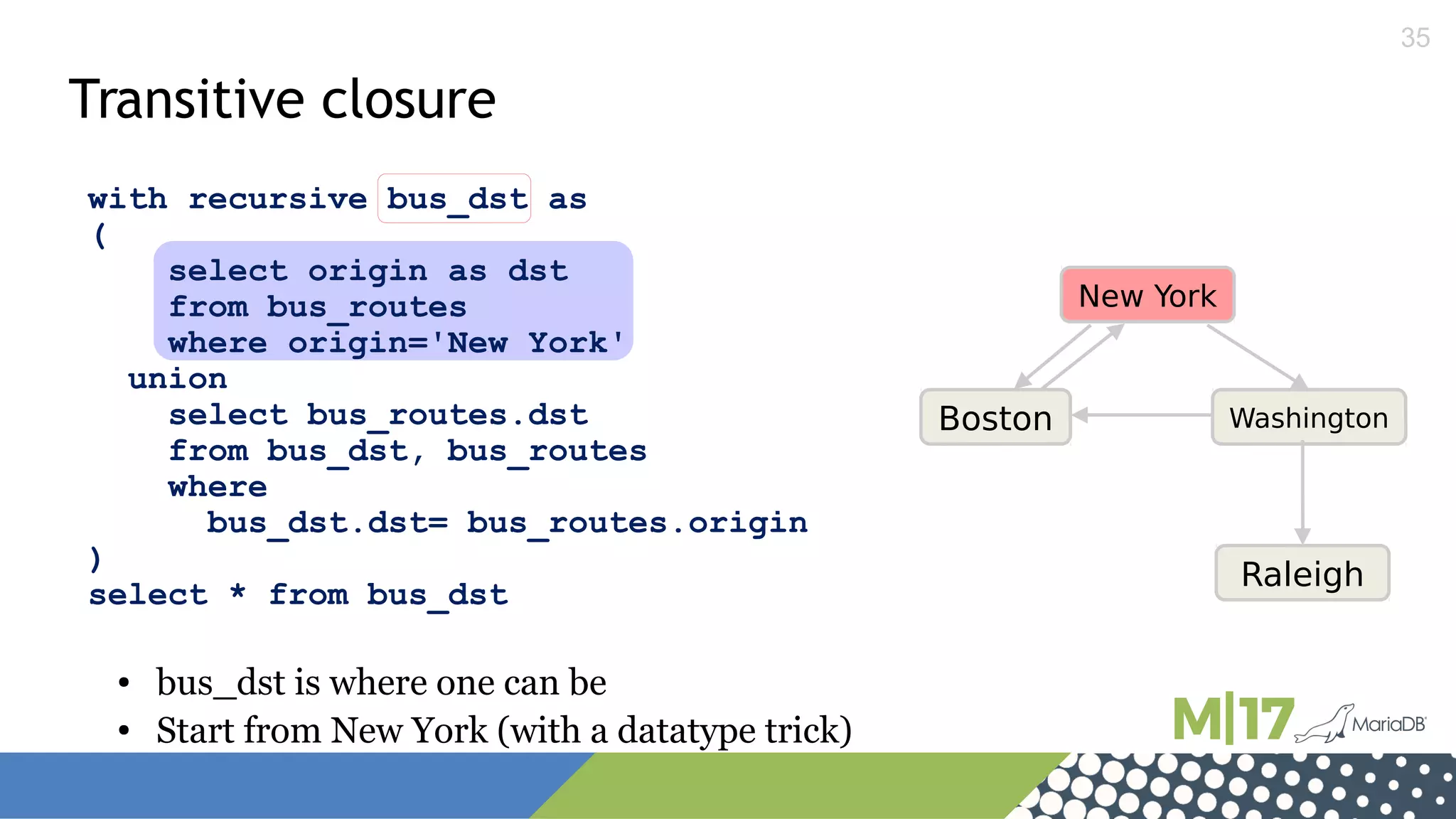 35
with recursive bus_dst as
(
select origin as dst
from bus_routes
where origin='New York'
union
select bus_routes.dst
from bus_dst, bus_routes
where
bus_dst.dst= bus_routes.origin
)
select * from bus_dst
Transitive closure
New York
Boston Washington
Raleigh
● bus_dst is where one can be
● Start from New York (with a datatype trick)
 