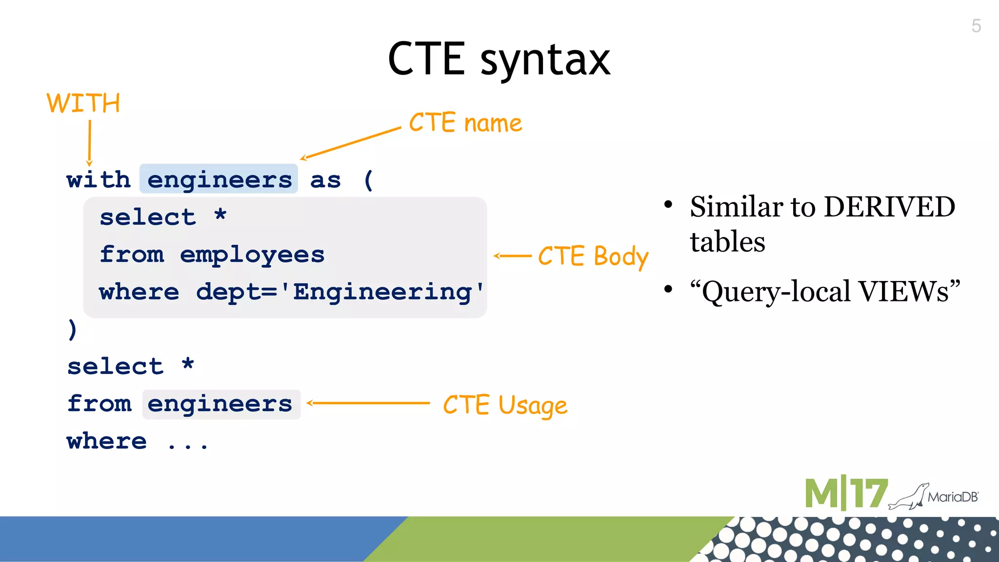 5
CTE name
CTE Body
CTE Usage
with engineers as (
select *
from employees
where dept='Engineering'
)
select *
from engineers
where ...
WITH
CTE syntax

Similar to DERIVED
tables

“Query-local VIEWs”
 