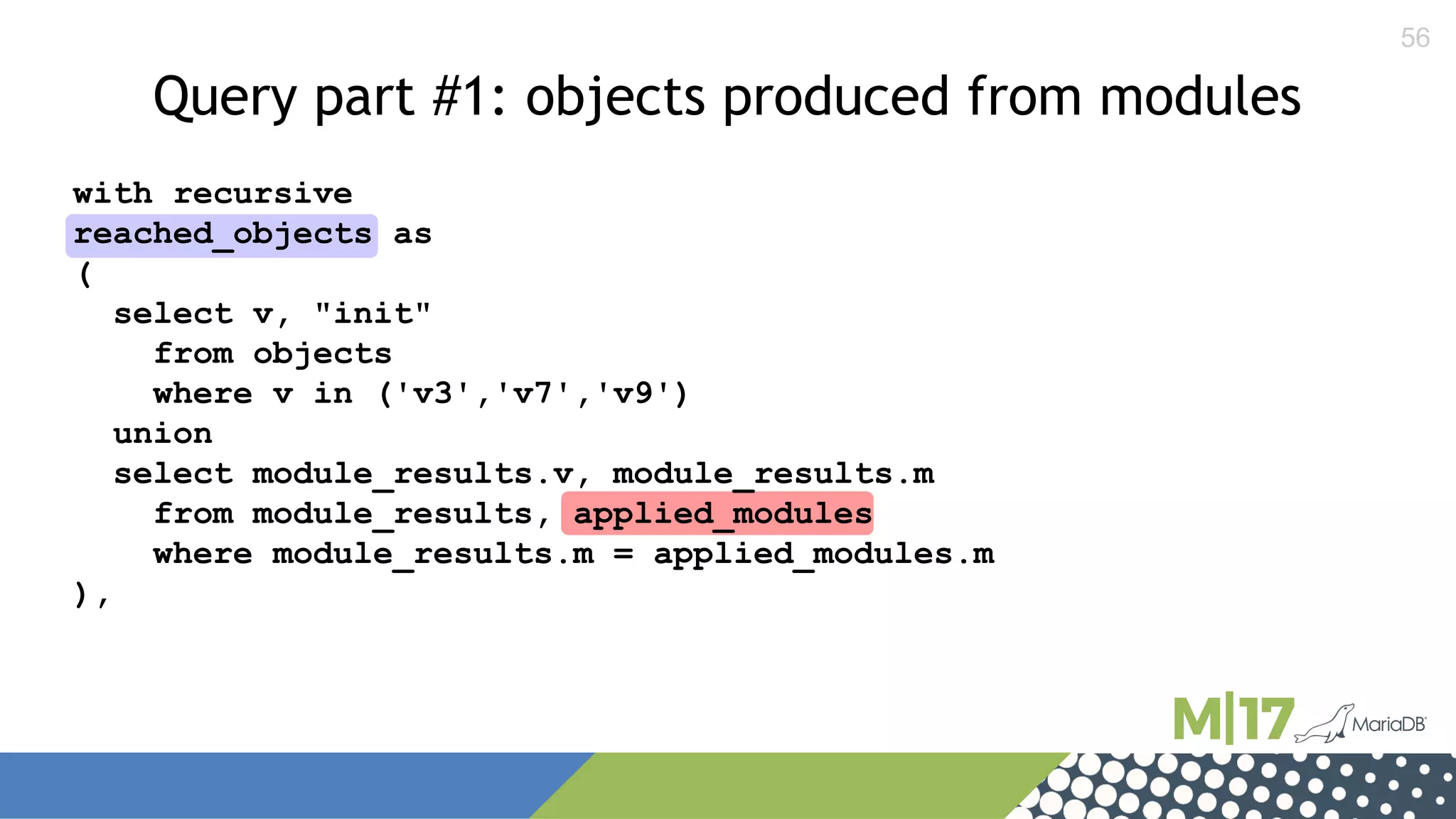56
Query part #1: objects produced from modules
with recursive
reached_objects as
(
select v, "init"
from objects
where v in ('v3','v7','v9')
union
select module_results.v, module_results.m
from module_results, applied_modules
where module_results.m = applied_modules.m
),
 