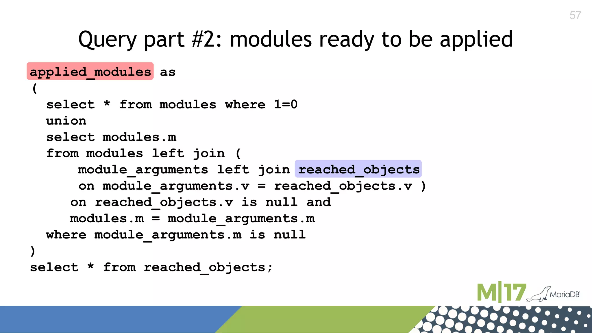 57
Query part #2: modules ready to be applied
applied_modules as
(
select * from modules where 1=0
union
select modules.m
from modules left join (
module_arguments left join reached_objects
on module_arguments.v = reached_objects.v )
on reached_objects.v is null and
modules.m = module_arguments.m
where module_arguments.m is null
)
select * from reached_objects;
 