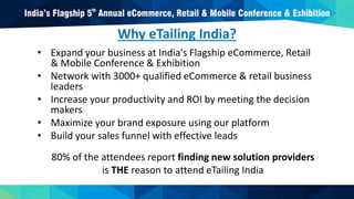 Why eTailing India?
• Expand your business at India's Flagship eCommerce, Retail
& Mobile Conference & Exhibition
• Network with 3000+ qualified eCommerce & retail business
leaders
• Increase your productivity and ROI by meeting the decision
makers
• Maximize your brand exposure using our platform
• Build your sales funnel with effective leads
80% of the attendees report finding new solution providers
is THE reason to attend eTailing India