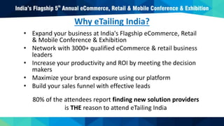 Why eTailing India?
• Expand your business at India's Flagship eCommerce, Retail
& Mobile Conference & Exhibition
• Network with 3000+ qualified eCommerce & retail business
leaders
• Increase your productivity and ROI by meeting the decision
makers
• Maximize your brand exposure using our platform
• Build your sales funnel with effective leads
80% of the attendees report finding new solution providers
is THE reason to attend eTailing India