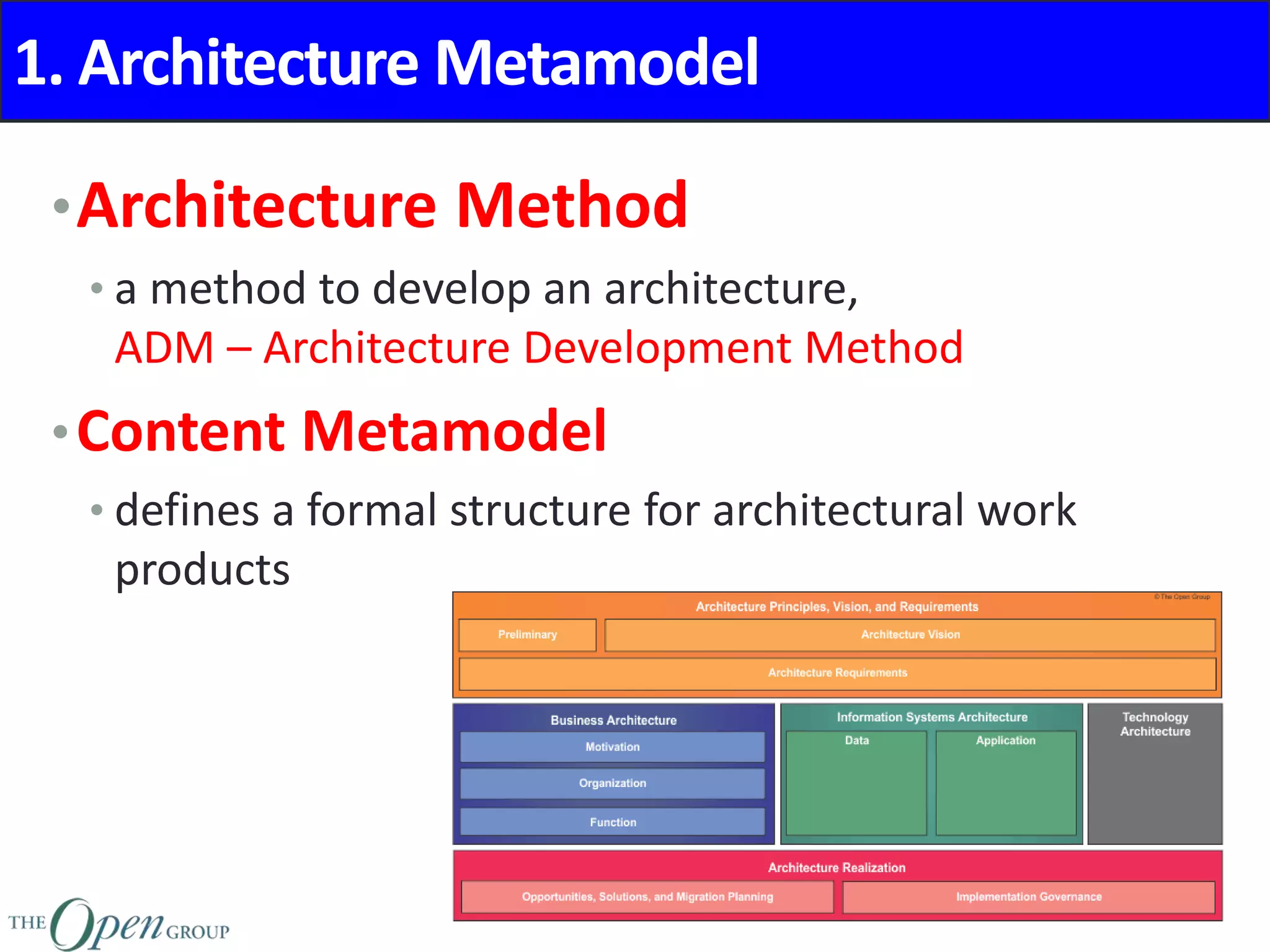 1. Architecture Metamodel
•Architecture Method
• a method to develop an architecture,
ADM – Architecture Development Method
•Content Metamodel
• defines a formal structure for architectural work
products
 
