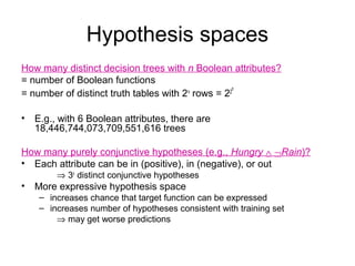 Hypothesis spaces
How many distinct decision trees with n Boolean attributes?
= number of Boolean functions
                                                   n
= number of distinct truth tables with 2n rows = 22

•   E.g., with 6 Boolean attributes, there are
    18,446,744,073,709,551,616 trees

How many purely conjunctive hypotheses (e.g., Hungry ∧ ¬Rain)?
• Each attribute can be in (positive), in (negative), or out
         ⇒ 3n distinct conjunctive hypotheses
•   More expressive hypothesis space
     – increases chance that target function can be expressed
     – increases number of hypotheses consistent with training set
         ⇒ may get worse predictions
 