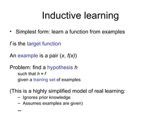 Inductive learning
• Simplest form: learn a function from examples

f is the target function

An example is a pair (x, f(x))

Problem: find a hypothesis h
   such that h ≈ f
   given a training set of examples

(This is a highly simplified model of real learning:
   – Ignores prior knowledge
   – Assumes examples are given)
   –
 
