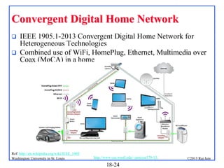 Convergent Digital Home Network



IEEE 1905.1-2013 Convergent Digital Home Network for
Heterogeneous Technologies
Combined use of WiFi, HomePlug, Ethernet, Multimedia over
Coax (MoCA) in a home

Ref: http://en.wikipedia.org/wiki/IEEE_1905
Washington University in St. Louis

http://www.cse.wustl.edu/~jain/cse570-13/

18-24

©2013 Raj Jain

 