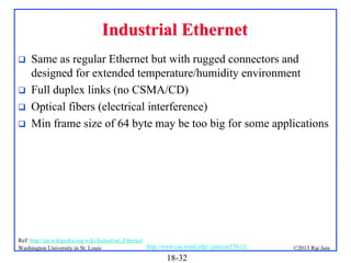 Industrial Ethernet





Same as regular Ethernet but with rugged connectors and
designed for extended temperature/humidity environment
Full duplex links (no CSMA/CD)
Optical fibers (electrical interference)
Min frame size of 64 byte may be too big for some applications

Ref: http://en.wikipedia.org/wiki/Industrial_Ethernet
http://www.cse.wustl.edu/~jain/cse570-13/
Washington University in St. Louis

18-32

©2013 Raj Jain

 