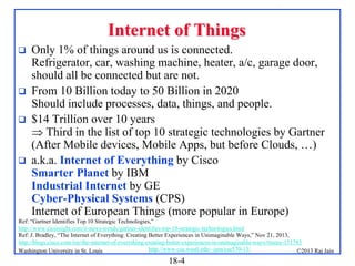 Internet of Things







Only 1% of things around us is connected.
Refrigerator, car, washing machine, heater, a/c, garage door,
should all be connected but are not.
From 10 Billion today to 50 Billion in 2020
Should include processes, data, things, and people.
$14 Trillion over 10 years
 Third in the list of top 10 strategic technologies by Gartner
(After Mobile devices, Mobile Apps, but before Clouds, …)
a.k.a. Internet of Everything by Cisco
Smarter Planet by IBM
Industrial Internet by GE
Cyber-Physical Systems (CPS)
Internet of European Things (more popular in Europe)

Ref: “Gartner Identifies Top 10 Strategic Technologies,”
http://www.cioinsight.com/it-news-trends/gartner-identifies-top-10-strategic-technologies.html
Ref: J. Bradley, “The Internet of Everything: Creating Better Experiences in Unimaginable Ways,” Nov 21, 2013,
http://blogs.cisco.com/ioe/the-internet-of-everything-creating-better-experiences-in-unimaginable-ways/#more-131793
http://www.cse.wustl.edu/~jain/cse570-13/
Washington University in St. Louis
©2013 Raj Jain

18-4

 