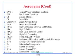 Acronyms (Cont)
DVB-H
Digital Video Broadcast handheld
 FFT
Fast Fourier Transform
 GE
General Electric
 GP
GreenPHY
 GreenPHY
Green Physical Layer
 HAN
Home Area Network
 HCSS
High Confidence Software and Systems
 HD
High Definition
 HDLC
High-Level Datalink Control
 HEC
High-End Computing
 HPAV
HomePlug Audio-Visual
 IEEE
Institution of Electrical and Electronic Engineers
 IFFT
Inverse Fast Fourier Transform
 IM
Information Management
 IoT
Internet of Things
 IPv6
Internet Protocol V6
 IT
Information Technology
http://www.cse.wustl.edu/~jain/cse570-13/
Washington University in St. Louis


18-43

©2013 Raj Jain

 