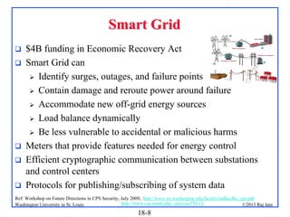 Smart Grid







$4B funding in Economic Recovery Act
Smart Grid can
 Identify surges, outages, and failure points
 Contain damage and reroute power around failure
 Accommodate new off-grid energy sources
 Load balance dynamically
 Be less vulnerable to accidental or malicious harms
Meters that provide features needed for energy control
Efficient cryptographic communication between substations
and control centers
Protocols for publishing/subscribing of system data

Ref: Workshop on Future Directions in CPS Security, July 2009, http://www.ee.washington.edu/faculty/radha/dhs_cps.pdf
http://www.cse.wustl.edu/~jain/cse570-13/
Washington University in St. Louis
©2013 Raj Jain

18-8

 
