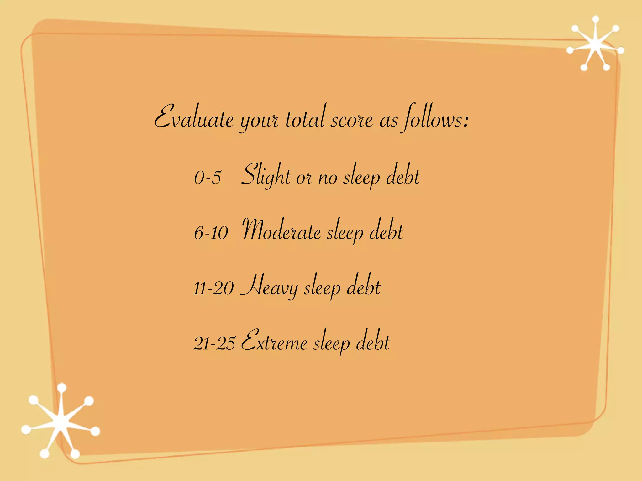 Evaluate your total score as follows:
    0-5 Slight or no sleep debt
    6-10 Moderate sleep debt
    11-20 Heavy sleep debt
    21-25 Extreme sleep debt
 