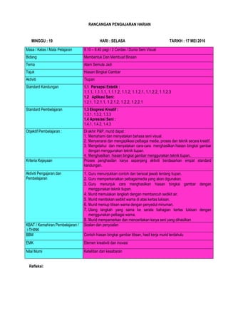 RANCANGAN PENGAJARAN HARIAN
MINGGU : 19 HARI : SELASA TARIKH : 17 MEI 2016
Masa / Kelas / Mata Pelajaran 8.10 – 8.40 pagi / 2 Cerdas / Dunia Seni Visual
Bidang Membentuk Dan Membuat Binaan
Tema Alam Semula Jadi
Tajuk Hiasan Bingkai Gambar
Aktiviti Tiupan
Standard Kandungan 1.1 Persepsi Estetik :
1.1.1, 1.1.1.1, 1.1.1.2, 1.1.2, 1.1.2.1, 1.1.2.2, 1.1.2.3
1.2 Aplikasi Seni:
1.2.1, 1.2.1.1, 1.2.1.2, 1.2.2, 1.2.2.1
Standard Pembelajaran 1.3 Ekspresi Kreatif :
1.3.1, 1.3.2, 1.3.3
1.4 Apresiasi Seni :
1.4.1, 1.4.2, 1.4.3
Objektif Pembelajaran : Di akhir P&P, murid dapat :
1. Memahami dan menyatakan bahasa seni visual.
2. Menyenarai dan mengaplikasi pelbagai media, proses dan teknik secara kreatif.
3. Mengetahui dan menyatakan cara-cara menghasilkan hiasan bingkai gambar
dengan menggunakan teknik tiupan.
4. Menghasilkan hiasan bingkai gambar menggunakan teknik tiupan.
Kriteria Kejayaan Proses penghasilan karya sepanjang aktiviti berdasarkan empat standard
kandungan.
Aktiviti Pengajaran dan
Pembelajaran
1. Guru menunjukkan contoh dan bersoal jawab tentang tiupan.
2. Guru memperkenalkan pelbagaimedia yang akan digunakan.
3. Guru menunjuk cara menghasilkan hiasan bingkai gambar dengan
menggunakan teknik tiupan.
4. Murid memulakan langkah dengan membancuh sedikit air.
5. Murid menitiskan sedikit warna di atas kertas lukisan.
6. Murid meniup titisan warna dengan penyedut minuman.
7. Ulang langkah yang sama ke serata bahagian kertas lukisan dengan
menggunakan pelbagai warna.
8. Murid mempamerkan dan menceritakan karya seni yang dihasilkan
KBAT / Kemahiran Pembelajaran /
i-THINK
Soalan dan penyoalan
BBM Contoh hiasan bingkai gambar titisan, hasil kerja murid terdahulu
EMK Elemen kreativiti dan inovasi
Nilai Murni Ketelitian dan kesabaran
Refleksi:
 