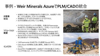 © 2021 Microsoft Corporation. All rights reserved.
事例 - Weir Minerals AzureでPLM/CADの統合
• 地理的に分散したIT環境の老朽化や運用コスト、地域間データ同
期、システム拡張性、パフォーマンスが課題。
• 地域拠点ユーザーのデジタル設計ツールへのアクセス。
• 社内外の顧客とのコラボレーション環境。
• マイクロソフトおよびシーメンスと提携し、各拠点のTeamcenter
PLMをグローバル規模でAzureに移行し、コラボレーションハブに統
合してエンジニアリング情報を一元的に提供。
• NVIDIAのGPU VMを活用して、オンプレミスの Siemens NXで
CAD/CAM、FE 分析環境をAzure上のCitrix VDI基盤に移行。
• Azure のグローバルなインフラストラクチャを活用して、社内外の顧
客との容易なデータ共有を実現。
• 13のTeamcenter PLMをグローバル規模でAzureに移行。
• Citrix Azure VDI環境に迅速に展開し、業務パフォーマンスが大幅
に向上。
• Azureグローバル基盤活用で、迅速なデータ共有を通じたコラボレー
ションが可能になり、エンジニアリングサイクルの期間が短縮しました。
お客様
状況
ソリューション
概要
インパクト
 