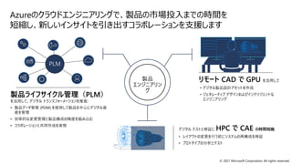 © 2021 Microsoft Corporation. All rights reserved.
製品
エンジニアリン
グ
デジタル テストと検証に HPC で CAE の時間短縮:
• レイアウトの変更を行う前にシステムの再構成を検証
• プロトタイプの分析とテスト
製品ライフサイクル管理（PLM）
を活用して、デジタル トランスフォーメーションを推進:
• 製品データ管理 (PDM) を使用して製品を中心にデジタル資
産を管理
• 効率的な変更管理と製品構成の精度を組み込む
• コラボレーションと共同作成を実現
リモート CAD で GPU を活用して
• デジタル製品設計アセットを作成
• ジェネレーティブ デザインおよびインテリジェントな
エンジニアリング
Azureのクラウドエンジニアリングで、製品の市場投入までの時間を
短縮し、新しいインサイトを引き出すコラボレーションを支援します
 
