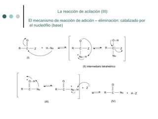 La reacción de acilación (III):
El mecanismo de reacción de adición – eliminación: catalizado por
el nucleófilo (base)
O
O
O
O
R C Z + H - Nu R C Z
O - H
(II) intermediario tetrahédrico
R C
O - H
+
Nu
R C Nu + H - Z
(I)
(III)
R C Z
Nu - H
+ Nu
R C
+
Nu - H
+ Z
(IV)
 