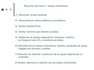Resumen del Tema 1: ácidos carboxílicos
1) Estructura: grupo carboxilo
2) Nomenclatura: ácidos alifáticos y aromáticos
3) Ácidos dicarboxílicos
4) Acidez: factores que afectan la acidez
5) Obtención de ácidos carboxílicos: oxidación, reactivo
de Grignard más CO2 e hidrólisis de nitrilos
6) Derivados de los ácidos carboxílicos: ésteres, anhídridos de ácido,
halogenuros de acilo y amidas
7) Reacción de acilación: sustitución de un grupo saliente por un
nucleófilo
8) Nitrilos: estructura y relación con los ácidos carboxílicos
 