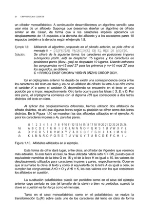 20 CRIPTOSISTEMAS CLÁSICOS
un cifrador monoalfabético. A continuación desarrollaremos un algoritmo sencillo para
usar más de un alfabeto. Suponga que deseamos diseñar un algoritmo de cifrado
similar al del César, de forma que a los caracteres impares aplicamos un
desplazamiento de 15 espacios a la derecha del alfabeto y a los caracteres pares 10
espacios también a la derecha según el ejemplo 1.8.
Ejemplo 1.8: Utilizando el algoritmo propuesto en el párrafo anterior, se pide cifrar el
mensaje M = DISFRUTAN VACACIONES EN EL MES DE AGOSTO.
Solución: Se cifrará de la siguiente forma: los caracteres en posiciones impares
subrayados (dsrtn...aot) se desplazan 15 lugares y los caracteres en
posiciones pares (ifuav...gso) se desplazan 10 lugares. Usando entonces
las congruencias mi+15 mod 27 para los primeros y mi+10 mod 27 para
los segundos, se obtiene:
C = RRHOG EIKBF OMOMW YBÑHÑ BÑZVS CRÑOP DCIY.
En el criptograma anterior ha dejado de existir una correspondencia única entre
los caracteres del texto en claro y los de un alfabeto de cifrado: la letra A se cifra como
el carácter K o como el carácter O, dependiendo se encuentre en el texto en una
posición par o impar, respectivamente. Otro tanto ocurre para las letras I, S, E, y O. Por
otra parte, el criptograma comienza con el digrama RR que corresponde a dos letras
distintas del texto en claro.
Al aplicar dos desplazamientos diferentes, hemos utilizado dos alfabetos de
cifrado distintos, de ahí que algunas letras según su posición se cifren como dos letras
distintas. En la Figura 1.10 se muestran los dos alfabetos utilizados en el ejemplo; A1
para los caracteres impares y A2 para los pares.
0 1 2 3 4 5 6 7 8 9 10 11 12 13 14 15 16 17 18 19 20 21 22 23 24 25 26
Mi A B C D E F G H I J K L M N Ñ O P Q R S T U V W X Y Z
A1 O P Q R S T U V W X Y Z A B C D E F G H I J K L M N Ñ
A2 K L M N Ñ O P Q R S T U V W X Y Z A B C D E F G H I J
Figura 1.10. Alfabetos utilizados en el ejemplo.
Esta forma de cifrar dará lugar, entre otros, al cifrador de Vigenère que veremos
más adelante. Si este fuera el caso, la clave utilizada habría sido K = OK, puesto que el
equivalente numérico de la letra O es 15 y el de la letra K es igual a 10, los valores de
desplazamiento utilizados para caracteres impares y pares, respectivamente. Observe
que al sumarse la clave al texto y como el equivalente de la letra A es igual a cero, se
cumplen las congruencias A+O = O y A+K = K, los dos valores con los que comienzan
los alfabetos en cuestión.
La sustitución polialfabética puede ser periódica como en el caso del ejemplo
anterior cuyo período es dos (el tamaño de la clave) o bien no periódica, cuando la
clave en cuestión es tan larga como el mensaje.
Tanto en el caso monoalfabético como en el polialfabético, se realiza la
transformación EK(M) sobre cada uno de los caracteres del texto en claro de forma
 