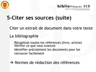 Citer un extrait de document dans votre texte La bibliographie Récapitule toutes les références (livre, article) Vérifier ce que vous avancez Identifier précisément les documents pour les  retrouver facilement    Normes de rédaction des références 5-Citer ses sources (suite) 
