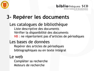 Les catalogues de bibliothèque Liste descriptive des documents Vérifier la disponibilité des documents NB :  ne répertorient pas d’articles de périodiques Les bases de données Repérer des articles de périodiques bibliographiques ou en texte intégral Le web Compléter sa recherche Moteurs de recherche 3- Repérer les documents 