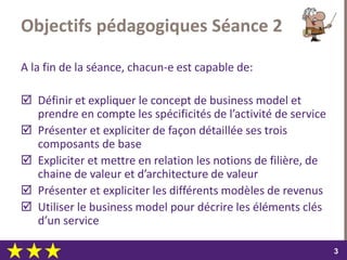 dimanche 22 octobre 2017
33
Objectifs pédagogiques Séance 2
A la fin de la séance, chacun-e est capable de:
 Définir et expliquer le concept de business model et
prendre en compte les spécificités de l’activité de service
 Présenter et expliciter de façon détaillée ses trois
composants de base
 Expliciter et mettre en relation les notions de filière, de
chaine de valeur et d’architecture de valeur
 Présenter et expliciter les différents modèles de revenus
 Utiliser le business model pour décrire les éléments clés
d’un service
 