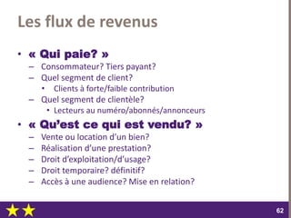 dimanche 22 octobre 2017
6262
Les flux de revenus
• « Qui paie? »
– Consommateur? Tiers payant?
– Quel segment de client?
• Clients à forte/faible contribution
– Quel segment de clientèle?
• Lecteurs au numéro/abonnés/annonceurs
• « Qu’est ce qui est vendu? »
– Vente ou location d’un bien?
– Réalisation d’une prestation?
– Droit d’exploitation/d’usage?
– Droit temporaire? définitif?
– Accès à une audience? Mise en relation?
 