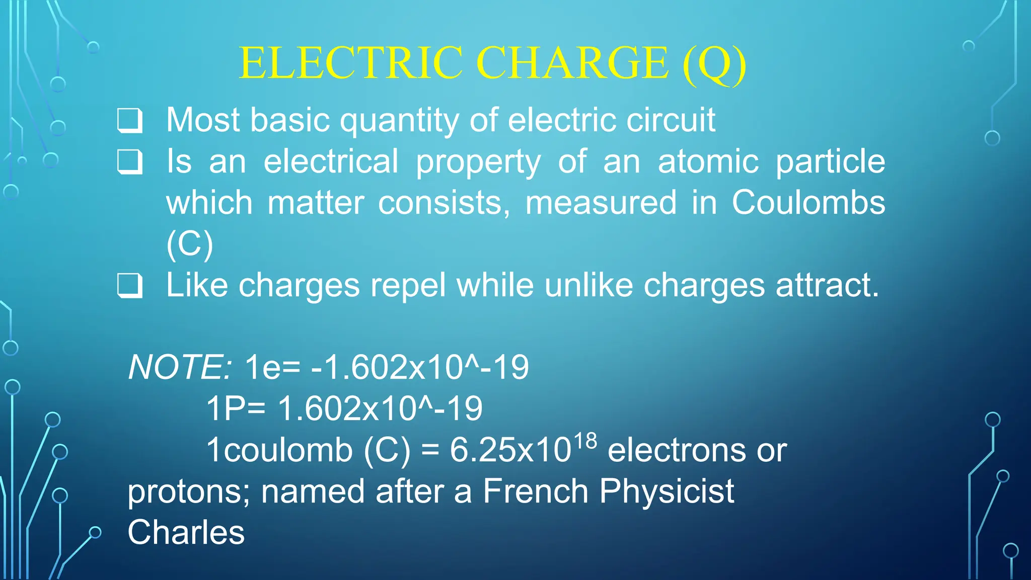 ELECTRIC CHARGE (Q)
❑ Most basic quantity of electric circuit
❑ Is an electrical property of an atomic particle
which matter consists, measured in Coulombs
(C)
❑ Like charges repel while unlike charges attract.
NOTE: 1e= -1.602x10^-19
1P= 1.602x10^-19
1coulomb (C) = 6.25x1018
electrons or
protons; named after a French Physicist
Charles
 