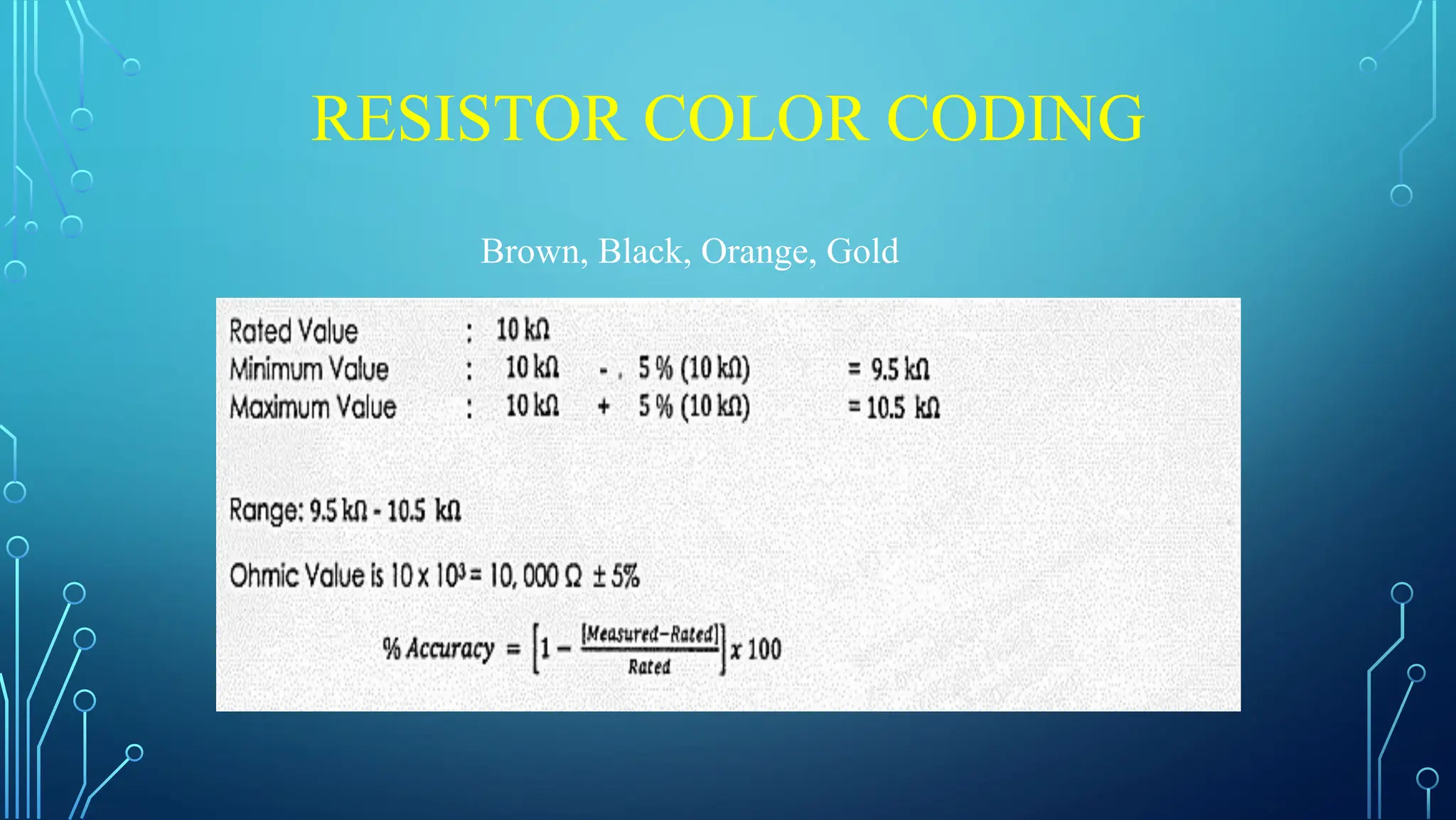 RESISTOR COLOR CODING
Brown, Black, Orange, Gold
 