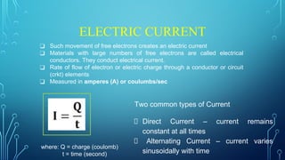 ELECTRIC CURRENT
❑ Such movement of free electrons creates an electric current
❑ Materials with large numbers of free electrons are called electrical
conductors. They conduct electrical current.
❑ Rate of flow of electron or electric charge through a conductor or circuit
(crkt) elements
❑ Measured in amperes (A) or coulumbs/sec
where: Q = charge (coulomb)
t = time (second)
Two common types of Current
Direct Current – current remains
constant at all times
Alternating Current – current varies
sinusoidally with time
 