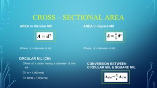 CONVERSION BETWEEN
CIRCULAR MIL & SQUARE MIL
CROSS – SECTIONAL AREA
CIRCULAR MIL (CM)
Area of a circle having a diameter of one
mil
1 in = 1,000 mils
1 MCM = 1,000 CM
AREA in Circular Mil
Where: d = diameter in mil
AREA in Square Mil
Where: d = diameter in mil
 