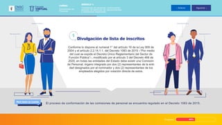 Conforme lo dispone el numeral 1° del artículo 16 de la Ley 909 de
2004 y el artículo 2.2.14.1.1. del Decreto 1083 de 2015 –“Por medio
del cual se expide el Decreto Único Reglamentario del Sector de
Función Pública”–, modificado por el artículo 3 del Decreto 468 de
2020, en todas las entidades del Estado debe existir una Comisión
de Personal, órgano integrado por dos (2) representantes de la enti-
dad designados por el nominador y dos (2) representantes de los
empleados elegidos por votación directa de estos.
Divulgación de lista de inscritos
1
Para tener en cuenta
El proceso de conformación de las comisiones de personal se encuentra regulado en el Decreto 1083 de 2015.
R e p r e s e n t a n t e 1
R e p r e s e n t a n t e 2
R e p r e s e n t a n t e 4
R e p r e s e n t a n t e 3
VIRTUAL
Escuela
CNSC
MÓDULO 1:
Comisiones de personal, conformación
proceso de selección de representantes
y situaciones especiales
CURSO:
Comisiones de
Personal
Anterior Siguiente
Progreso 45%
 