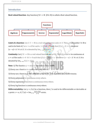 JNTUWORLD
Introduction
Real valued function: Any function is called a Real valued function.
Limit of a function: Let is a real valued function and . Then, a real number is
said to be limit of at if for each whenever
. It is denoted by .
Continuity: Let is a real valued function and . Then, is said to be continuous at
if for each whenever . It is
denoted by .
Note: 1) The function is continuous every where
2) Every function is continuous every where.
3) Every function is not continuous, but in the function is continuous.
4) Every polynomial is continuous every where.
5) Every exponential function is continuous every where.
6) Every log function is continuous every where.
Differentiability: Let be a function, then is said to be differentiable or derivable at
a point , if exists.
Functions
Algebraic Trignonometric Inverse Exponential Logarithmic Hyperbolic
TSEDUHUB
www.tseduhub.blogspot.com
 