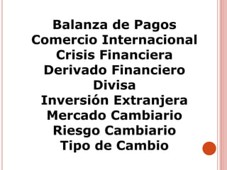 Balanza de Pagos
Comercio Internacional
Crisis Financiera
Derivado Financiero
Divisa
Inversión Extranjera
Mercado Cambiario
Riesgo Cambiario
Tipo de Cambio
 