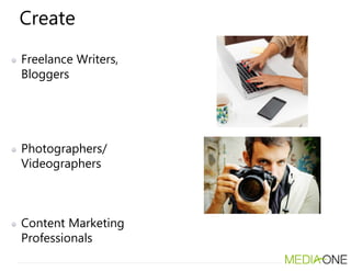 Create
Freelance Writers,
Bloggers
Photographers/
Videographers
Content Marketing
Professionals
 