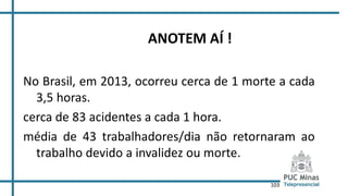 103
ANOTEM AÍ !
No Brasil, em 2013, ocorreu cerca de 1 morte a cada
3,5 horas.
cerca de 83 acidentes a cada 1 hora.
média de 43 trabalhadores/dia não retornaram ao
trabalho devido a invalidez ou morte.
 
