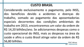 104
CUSTO BRASIL
Considerando exclusivamente o pagamento, pelo INSS,
dos benefícios devido a acidentes e doenças do
trabalho, somado ao pagamento das aposentadorias
especiais decorrentes das condições ambientais do
trabalho em 2013, encontraremos um valor da ordem de
R$ 14,20 bilhões/ano. Se adicionarmos despesas como o
custo operacional do INSS, mais as despesas na área da
saúde e afins o custo Brasil atinge valor da ordem de R$
56,80 bilhões.
.
 