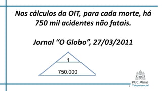 7
Nos cálculos da OIT, para cada morte, há
750 mil acidentes não fatais.
Jornal “O Globo”, 27/03/2011
1
750.000
 