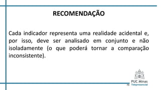 79
RECOMENDAÇÃO
Cada indicador representa uma realidade acidental e,
por isso, deve ser analisado em conjunto e não
isoladamente (o que poderá tornar a comparação
inconsistente).
 