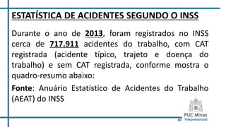 80
ESTATÍSTICA DE ACIDENTES SEGUNDO O INSS
Durante o ano de 2013, foram registrados no INSS
cerca de 717.911 acidentes do trabalho, com CAT
registrada (acidente típico, trajeto e doença do
trabalho) e sem CAT registrada, conforme mostra o
quadro-resumo abaixo:
Fonte: Anuário Estatístico de Acidentes do Trabalho
(AEAT) do INSS
 
