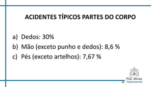 86
ACIDENTES TÍPICOS PARTES DO CORPO
a) Dedos: 30%
b) Mão (exceto punho e dedos): 8,6 %
c) Pés (exceto artelhos): 7,67 %
 