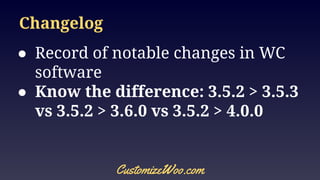 Changelog
● Record of notable changes in WC
software
● Know the difference: 3.5.2 > 3.5.3
vs 3.5.2 > 3.6.0 vs 3.5.2 > 4.0.0
CustomizeWoo.com
 