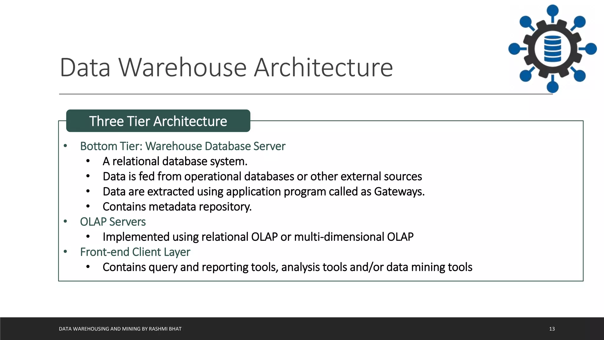 Data Warehouse Architecture
DATA WAREHOUSING AND MINING BY RASHMI BHAT 13
• Bottom Tier: Warehouse Database Server
• A relational database system.
• Data is fed from operational databases or other external sources
• Data are extracted using application program called as Gateways.
• Contains metadata repository.
• OLAP Servers
• Implemented using relational OLAP or multi-dimensional OLAP
• Front-end Client Layer
• Contains query and reporting tools, analysis tools and/or data mining tools
Three Tier Architecture
 
