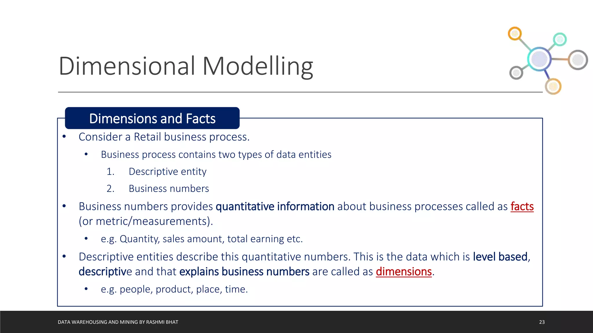 Dimensional Modelling
DATA WAREHOUSING AND MINING BY RASHMI BHAT 23
• Consider a Retail business process.
• Business process contains two types of data entities
1. Descriptive entity
2. Business numbers
• Business numbers provides quantitative information about business processes called as facts
(or metric/measurements).
• e.g. Quantity, sales amount, total earning etc.
• Descriptive entities describe this quantitative numbers. This is the data which is level based,
descriptive and that explains business numbers are called as dimensions.
• e.g. people, product, place, time.
Dimensions and Facts
 