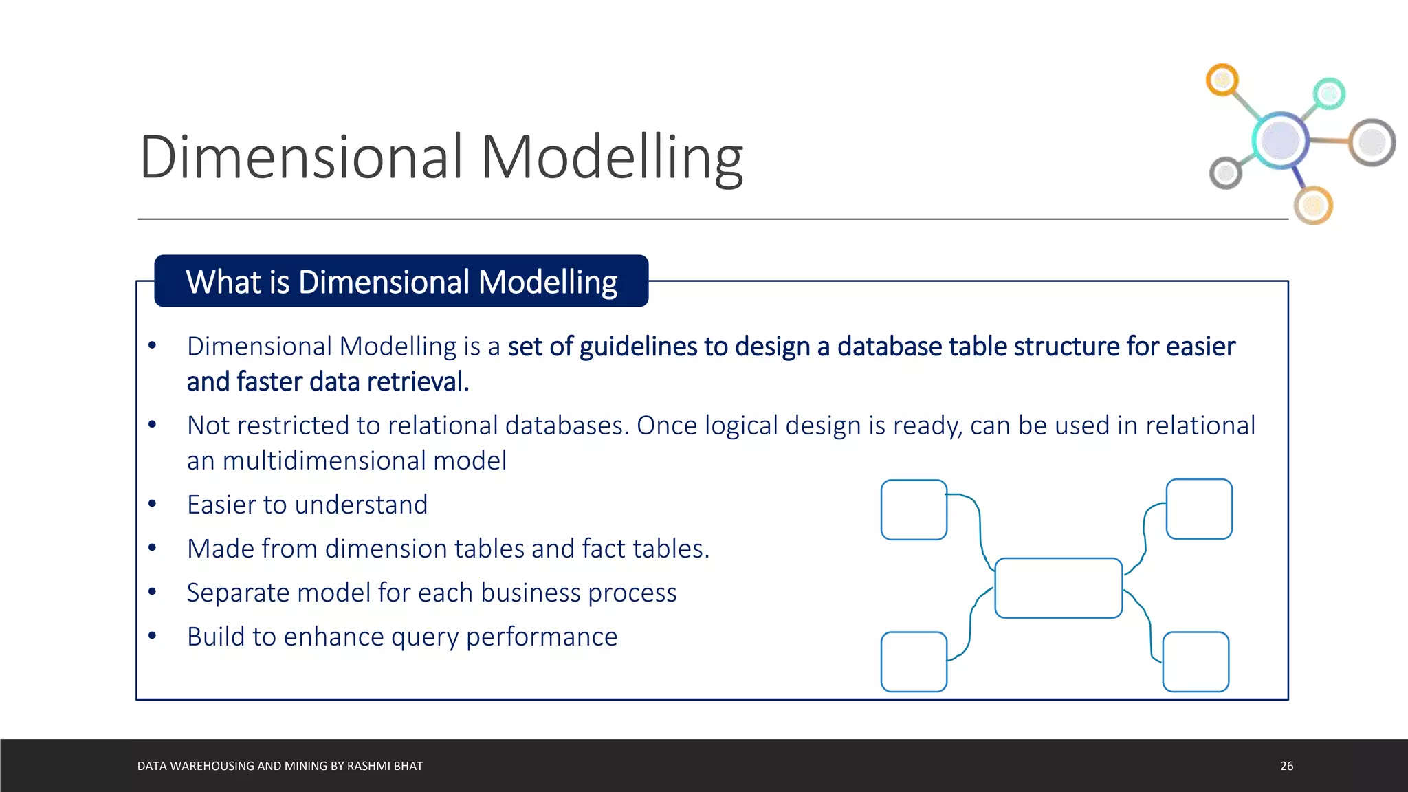Dimensional Modelling
DATA WAREHOUSING AND MINING BY RASHMI BHAT 26
• Dimensional Modelling is a set of guidelines to design a database table structure for easier
and faster data retrieval.
• Not restricted to relational databases. Once logical design is ready, can be used in relational
an multidimensional model
• Easier to understand
• Made from dimension tables and fact tables.
• Separate model for each business process
• Build to enhance query performance
What is Dimensional Modelling
 