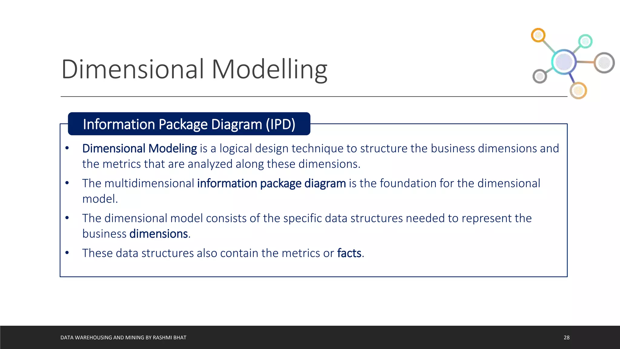 Dimensional Modelling
DATA WAREHOUSING AND MINING BY RASHMI BHAT 28
• Dimensional Modeling is a logical design technique to structure the business dimensions and
the metrics that are analyzed along these dimensions.
• The multidimensional information package diagram is the foundation for the dimensional
model.
• The dimensional model consists of the specific data structures needed to represent the
business dimensions.
• These data structures also contain the metrics or facts.
Information Package Diagram (IPD)
 