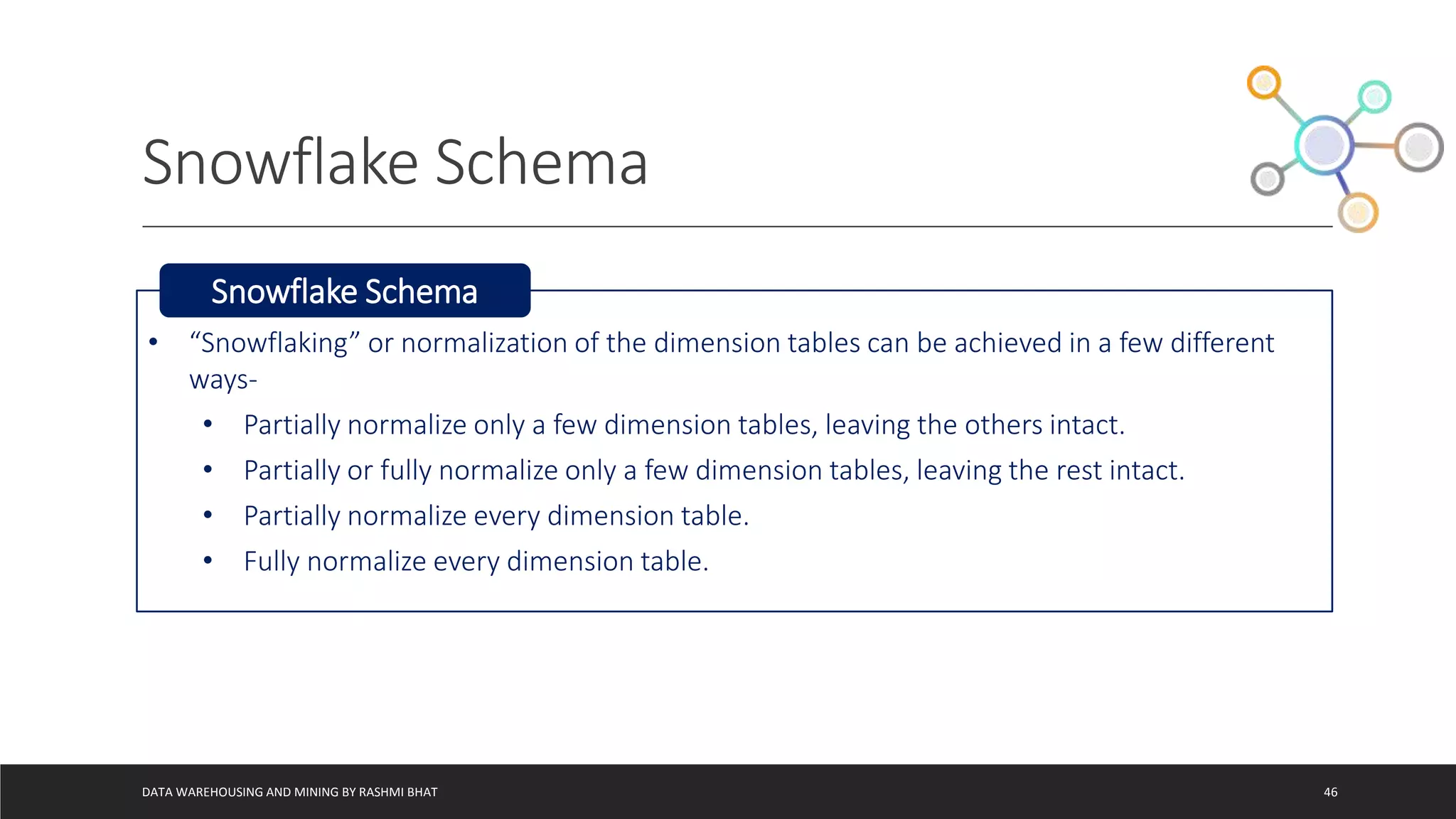 Snowflake Schema
DATA WAREHOUSING AND MINING BY RASHMI BHAT 46
• “Snowflaking” or normalization of the dimension tables can be achieved in a few different
ways-
• Partially normalize only a few dimension tables, leaving the others intact.
• Partially or fully normalize only a few dimension tables, leaving the rest intact.
• Partially normalize every dimension table.
• Fully normalize every dimension table.
Snowflake Schema
 